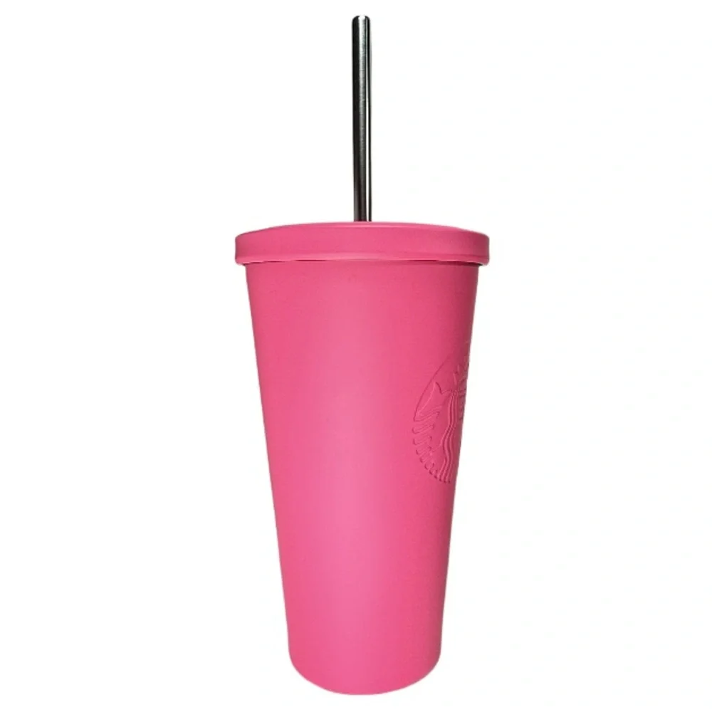 STARBUCKS | 2014 Matte Hot Barbie Pink Stainless Steel Tumbler Straw New Rare